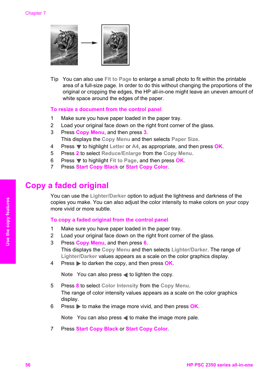 Copy a faded original | HP PSC 2350 All-in-One Printer User Manual | Page 59 / 136