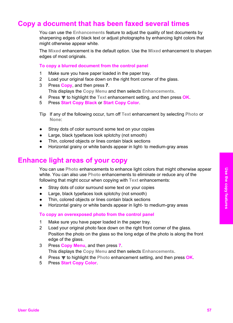 Copy a document that has been faxed several times, Enhance light areas of your copy, Enhance light | Areas of your copy | HP PSC 2350 All-in-One Printer User Manual | Page 60 / 136