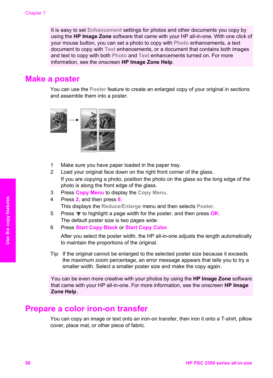 Make a poster, Prepare a color iron-on transfer, Make a poster prepare a color iron-on transfer | HP PSC 2350 All-in-One Printer User Manual | Page 61 / 136