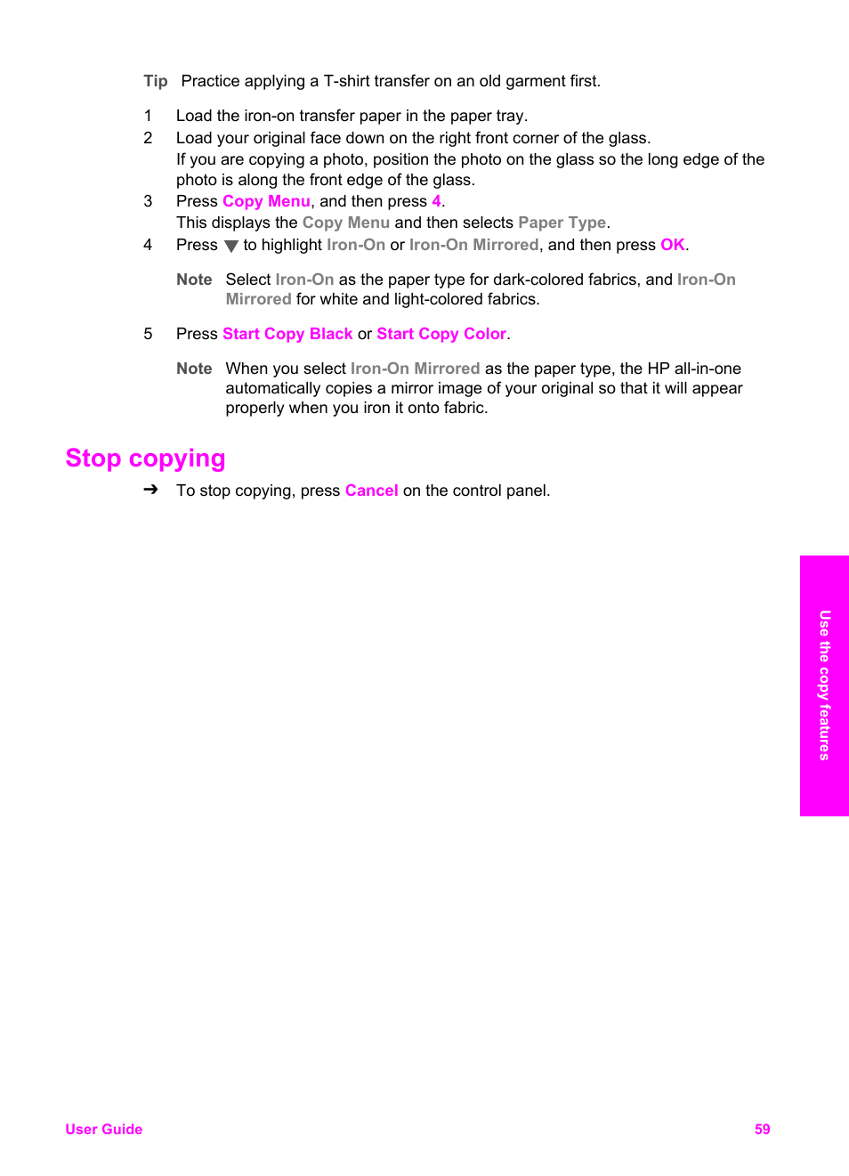 Stop copying | HP PSC 2350 All-in-One Printer User Manual | Page 62 / 136