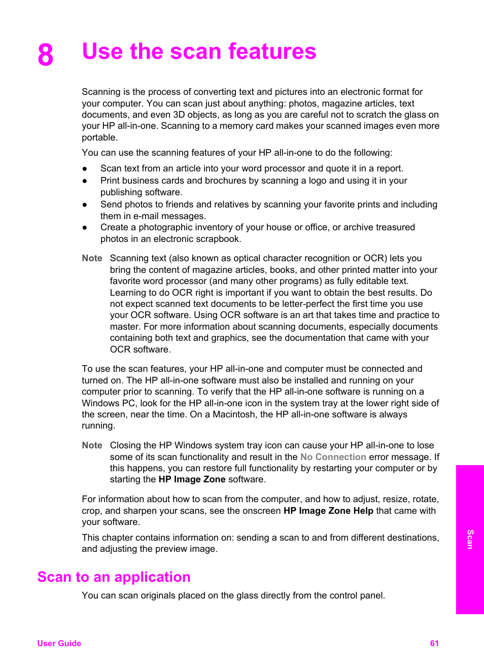 Use the scan features, Scan to an application | HP PSC 2350 All-in-One Printer User Manual | Page 64 / 136