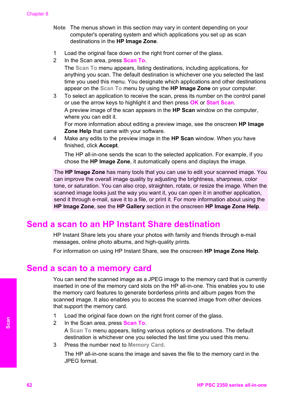 Send a scan to an hp instant share destination, Send a scan to a memory card | HP PSC 2350 All-in-One Printer User Manual | Page 65 / 136