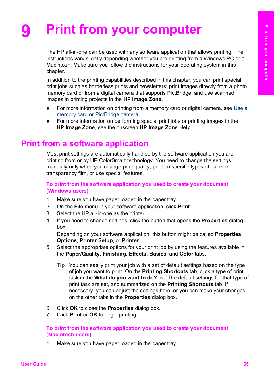 Print from your computer, Print from a software application | HP PSC 2350 All-in-One Printer User Manual | Page 68 / 136