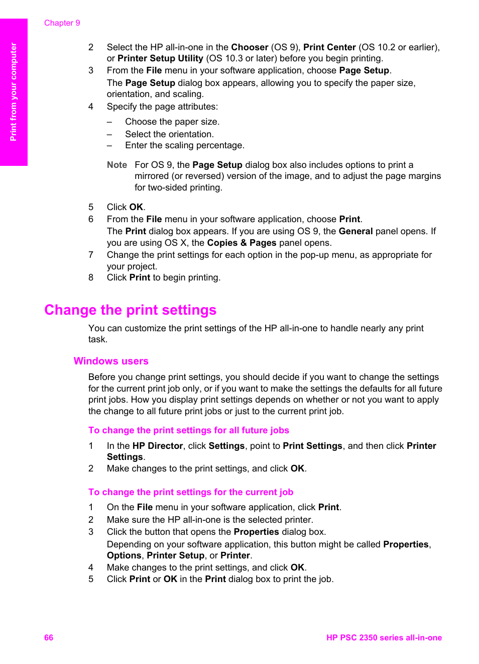 Change the print settings, Windows users | HP PSC 2350 All-in-One Printer User Manual | Page 69 / 136