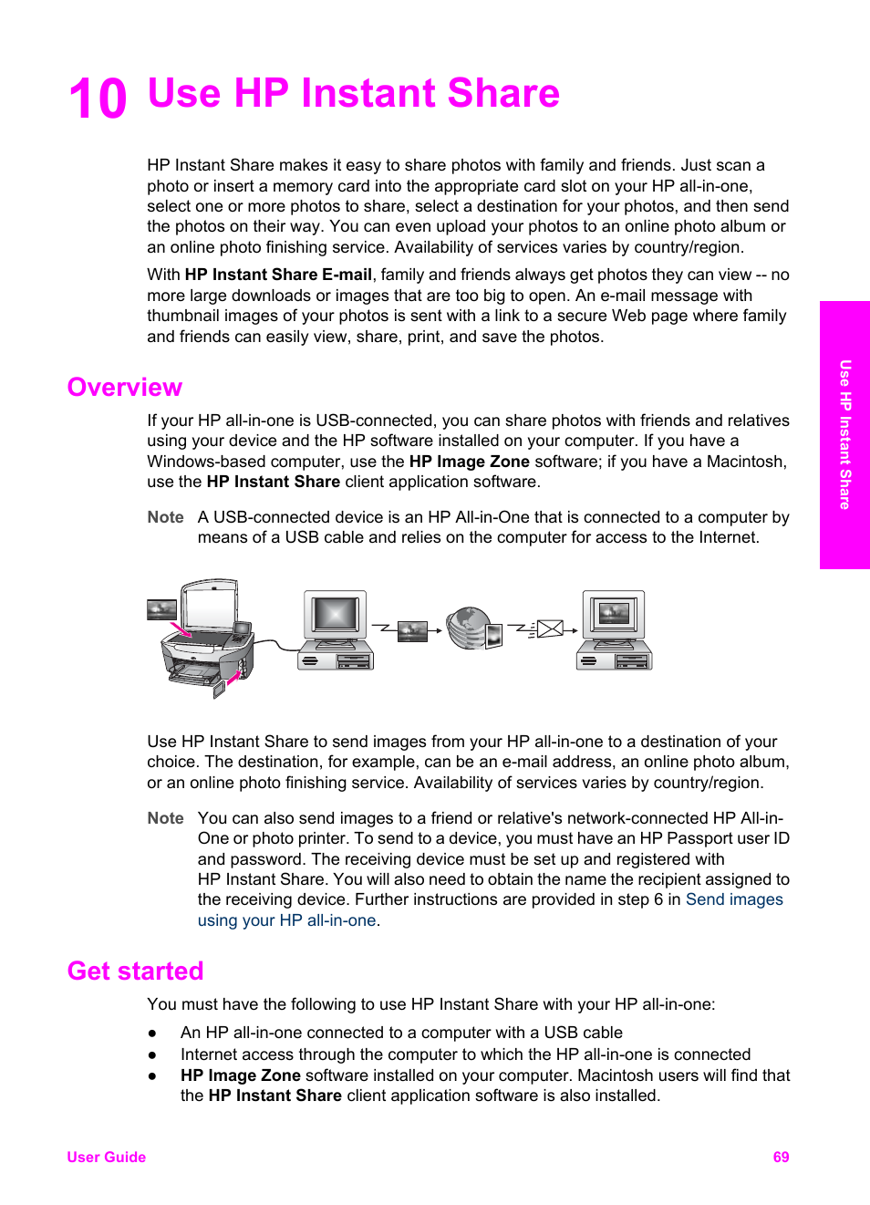 Use hp instant share, Overview, Get started | 10 use hp instant share, Overview get started | HP PSC 2350 All-in-One Printer User Manual | Page 72 / 136