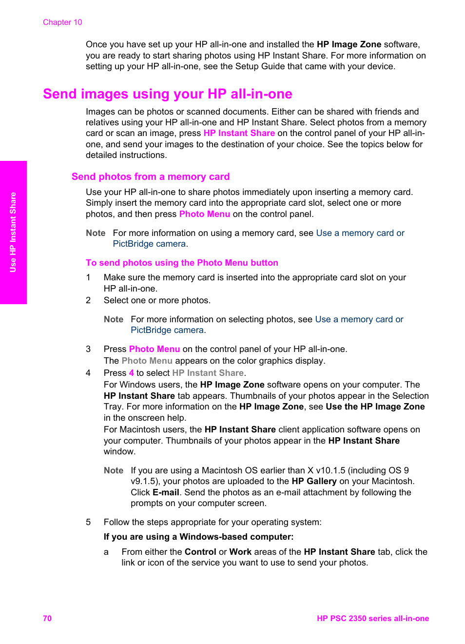 Send images using your hp all-in-one, Send photos from a memory card | HP PSC 2350 All-in-One Printer User Manual | Page 73 / 136