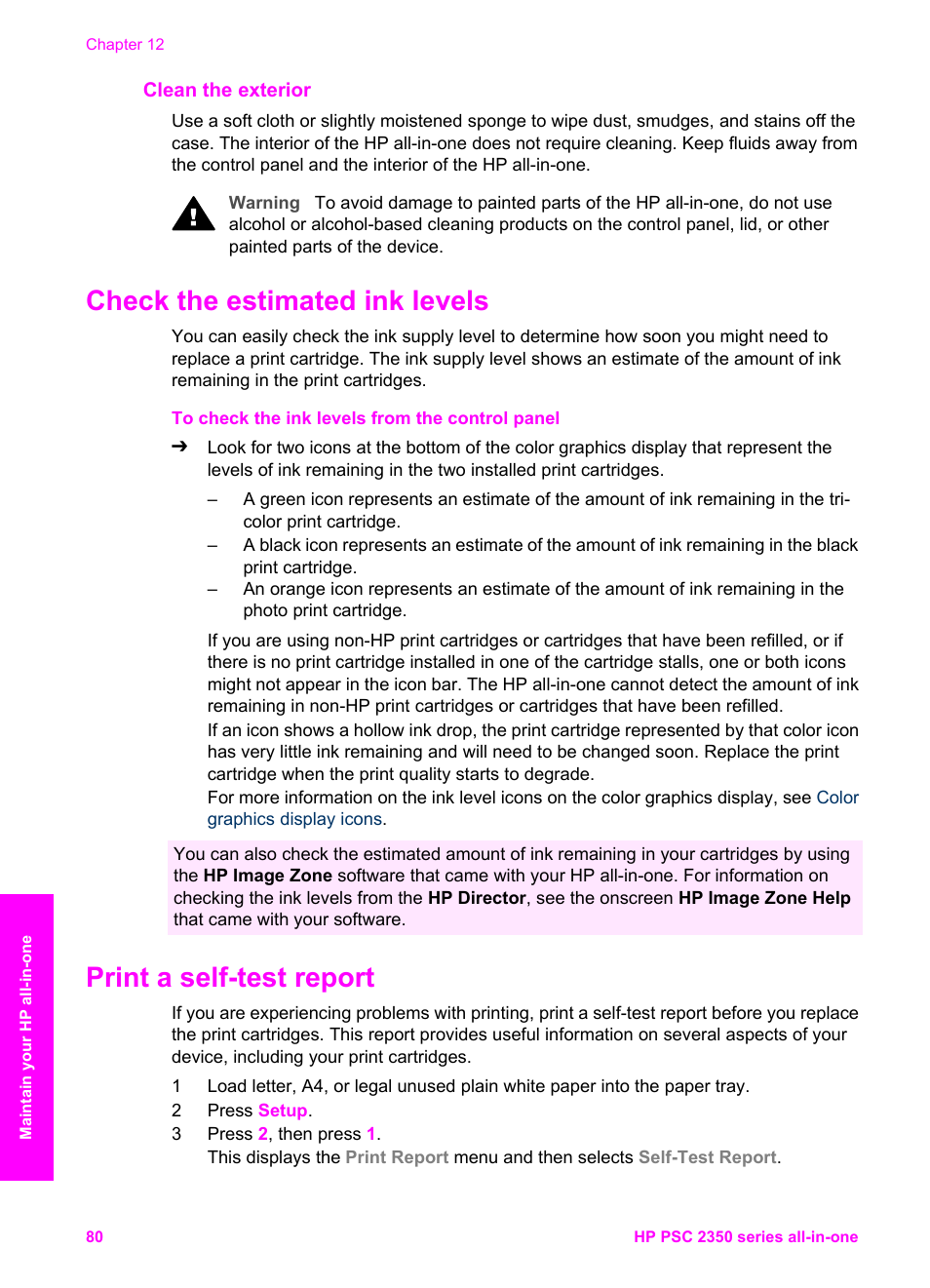 Clean the exterior, Check the estimated ink levels, Print a self-test report | HP PSC 2350 All-in-One Printer User Manual | Page 83 / 136