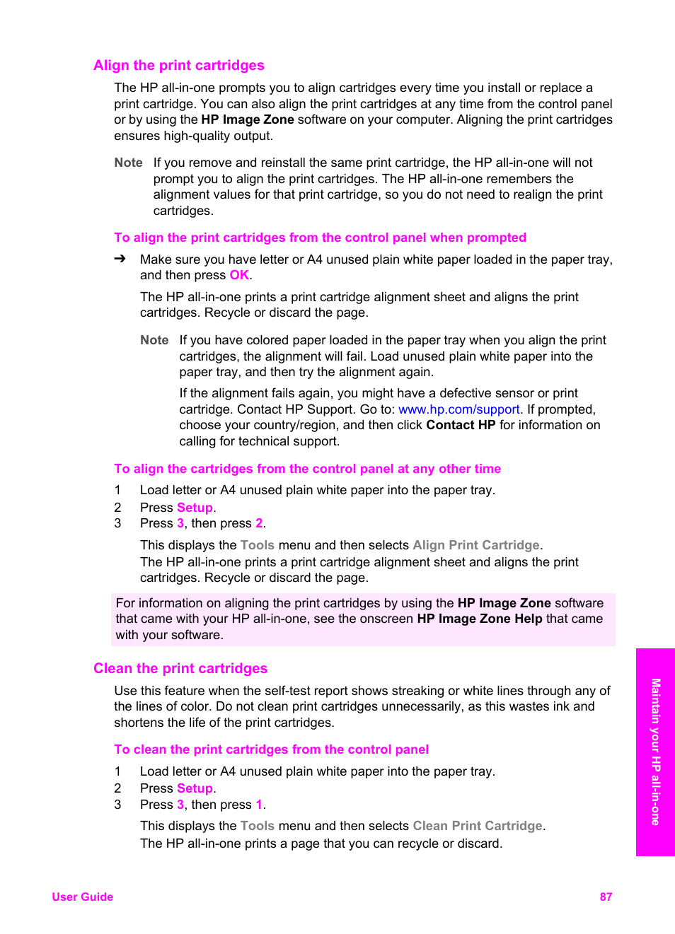 Align the print cartridges, Clean the print cartridges | HP PSC 2350 All-in-One Printer User Manual | Page 90 / 136