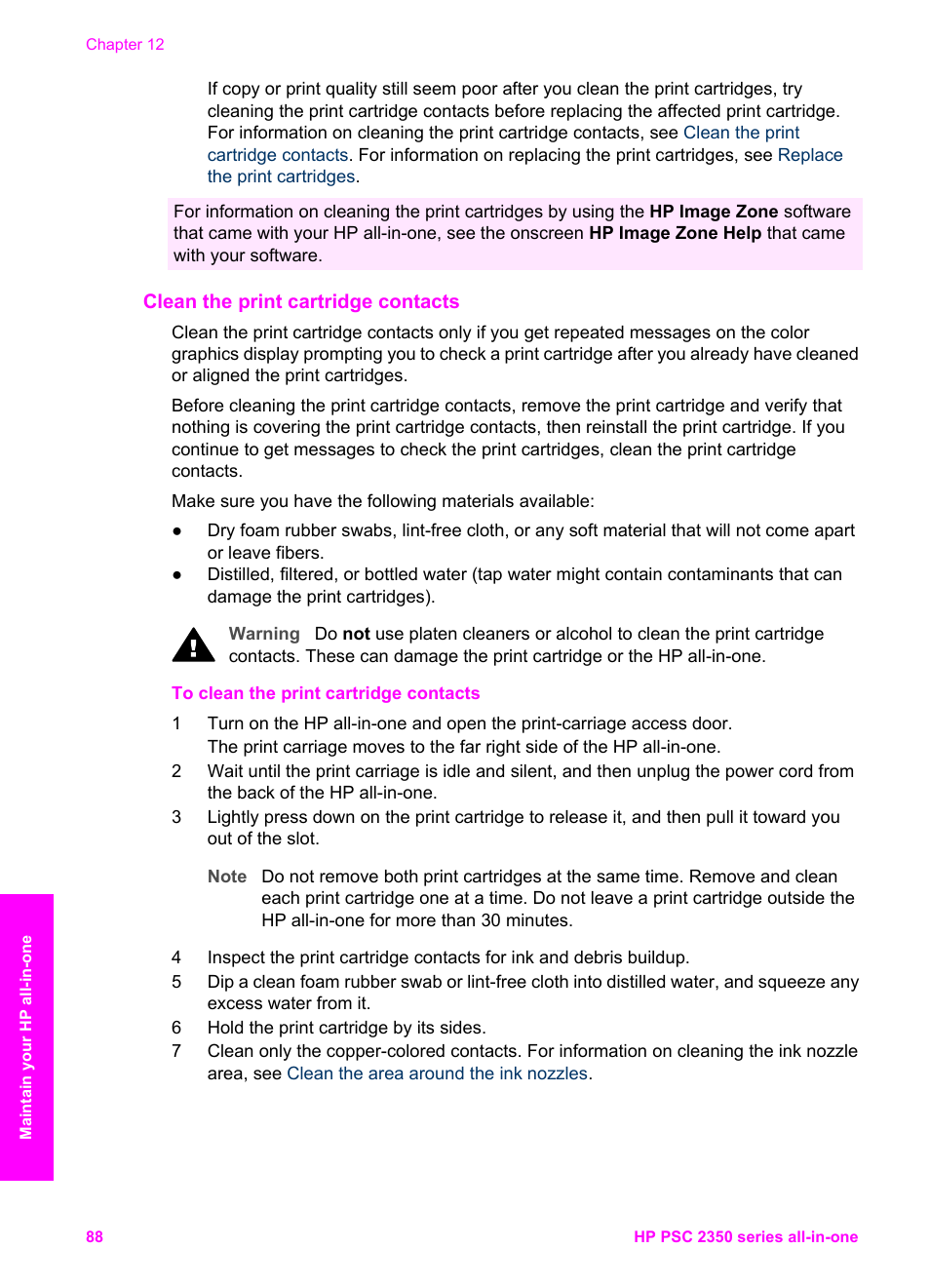 Clean the print cartridge contacts | HP PSC 2350 All-in-One Printer User Manual | Page 91 / 136