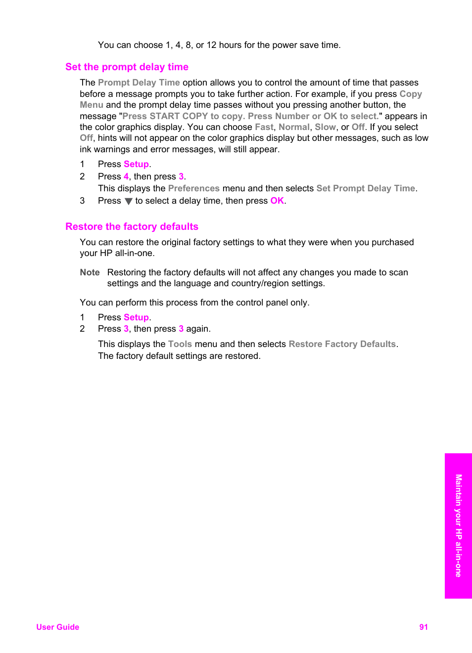 Set the prompt delay time, Restore the factory defaults | HP PSC 2350 All-in-One Printer User Manual | Page 94 / 136