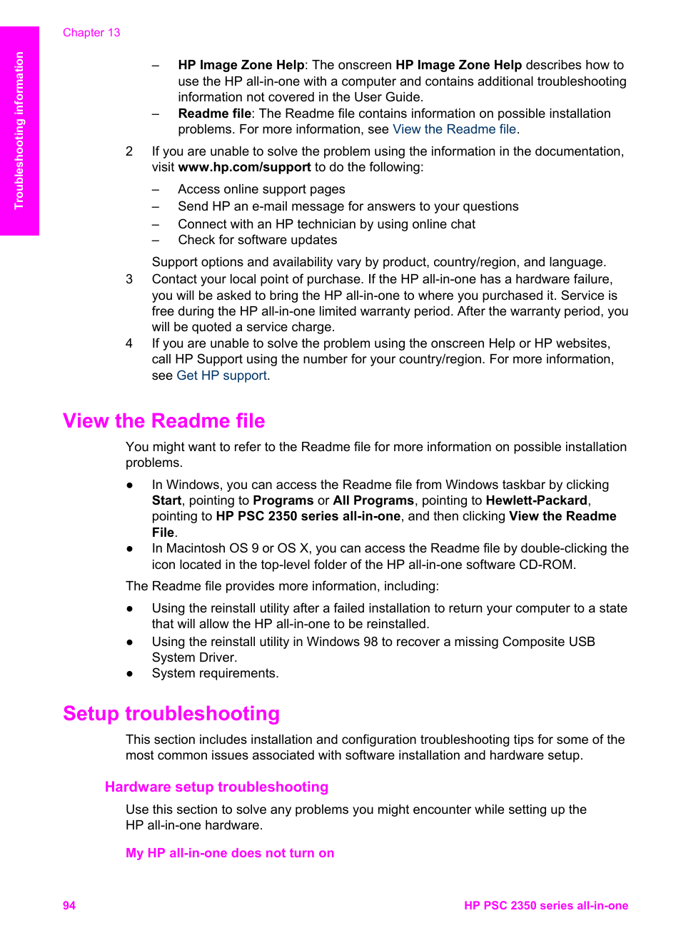 View the readme file, Setup troubleshooting, Hardware setup troubleshooting | View the readme file setup troubleshooting | HP PSC 2350 All-in-One Printer User Manual | Page 97 / 136