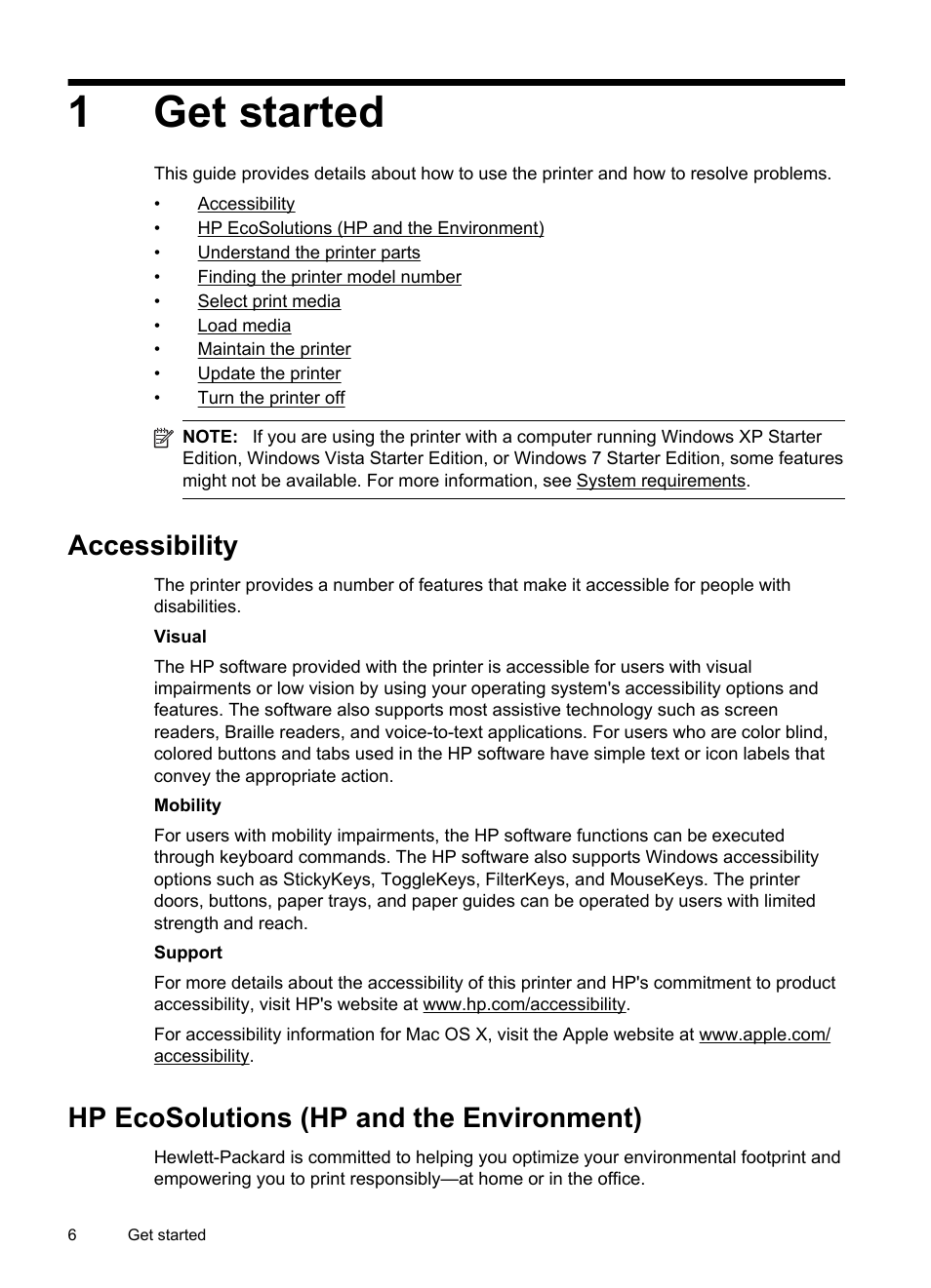 Get started, Accessibility, Hp ecosolutions (hp and the environment) | Manage power conserve printing supplies, 1get started | HP Officejet 6100 User Manual | Page 10 / 138