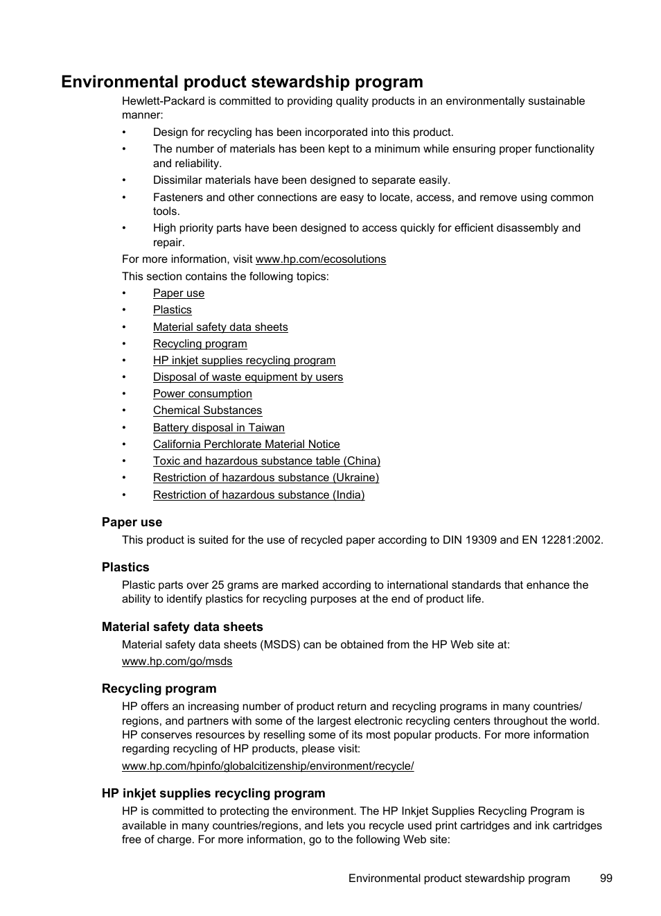 Environmental product stewardship program, Paper use, Plastics | Material safety data sheets, Recycling program, Hp inkjet supplies recycling program, E environmental product stewardship program | HP Officejet 6100 User Manual | Page 103 / 138