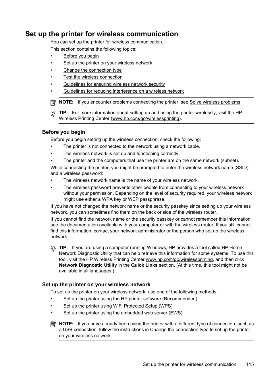 Set up the printer for wireless communication, Before you begin, Set up the printer on your wireless network | Change the connection type | HP Officejet 6100 User Manual | Page 119 / 138