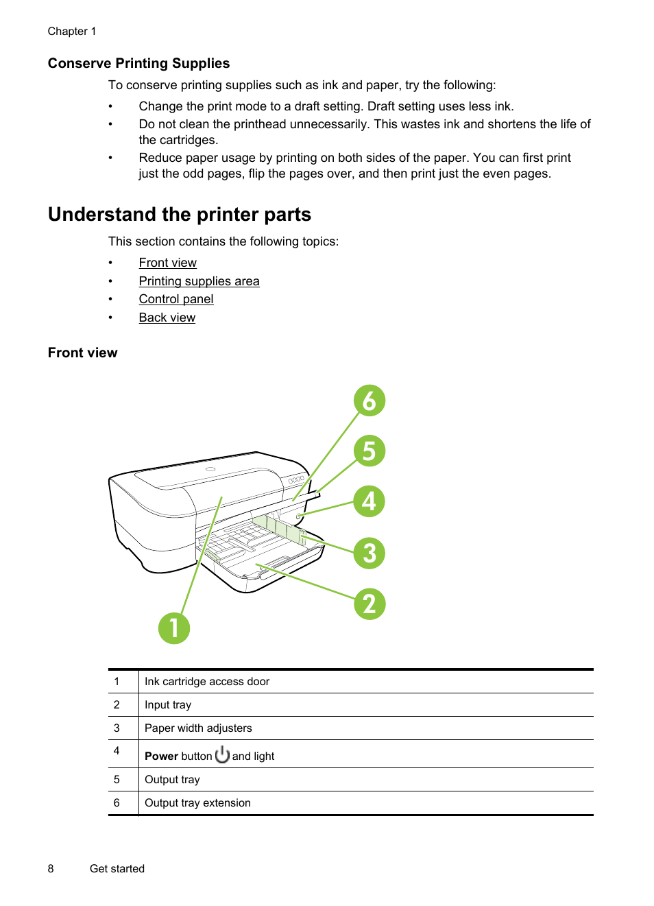 Conserve printing supplies, Understand the printer parts, Front view | HP Officejet 6100 User Manual | Page 12 / 138