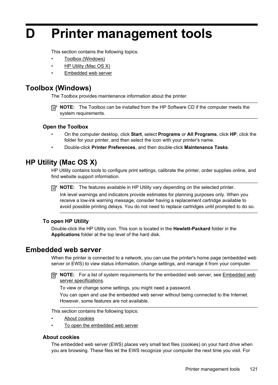 Printer management tools, Toolbox (windows), Hp utility (mac os x) | Embedded web server, About cookies, O open the embedded web server, E toolbox (windows), E printer management tools. you, E embedded web server, See toolbox (windows) | HP Officejet 6100 User Manual | Page 125 / 138