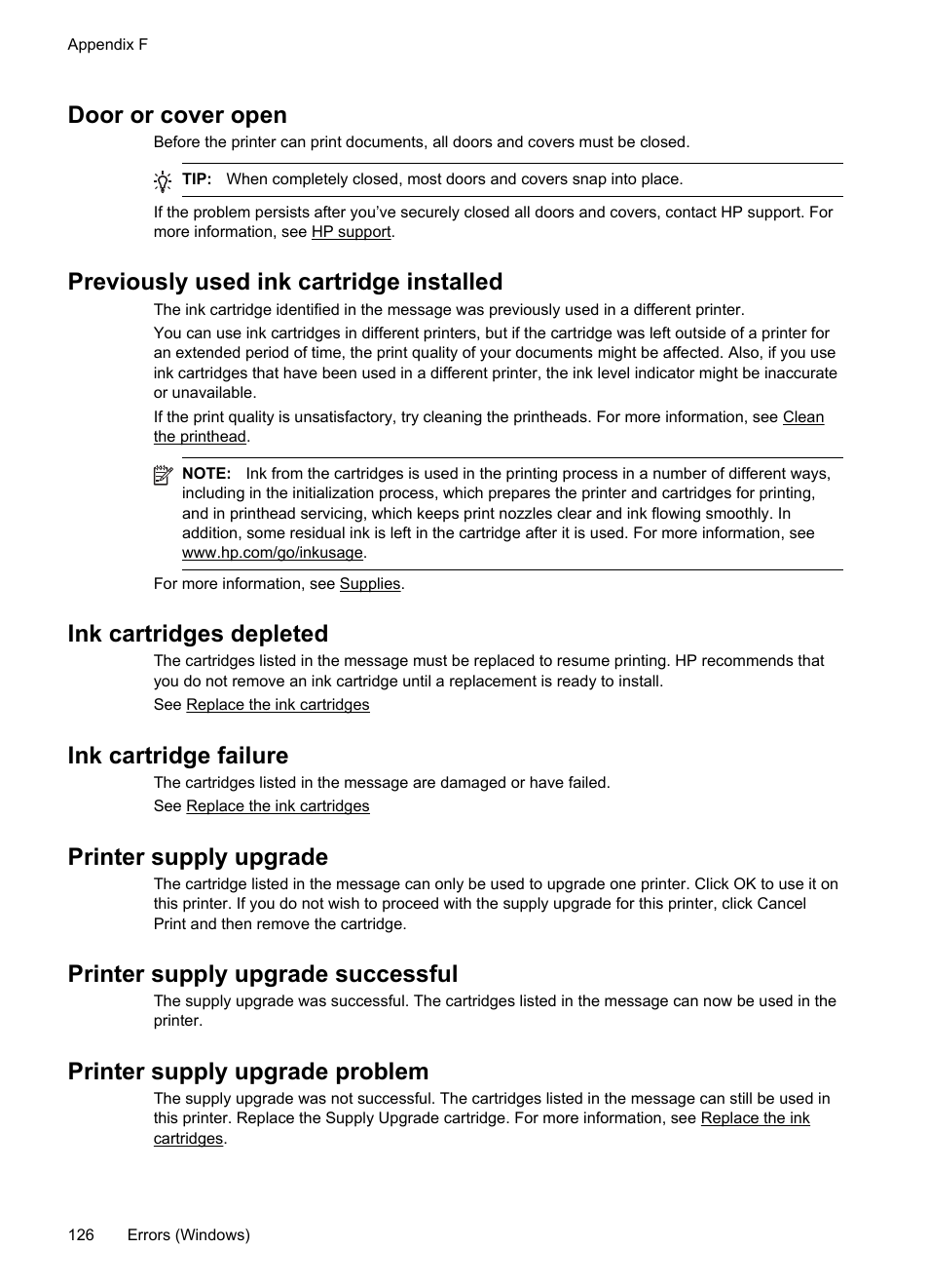 Door or cover open, Previously used ink cartridge installed, Ink cartridges depleted | Ink cartridge failure, Printer supply upgrade, Printer supply upgrade successful, Printer supply upgrade problem | HP Officejet 6100 User Manual | Page 130 / 138