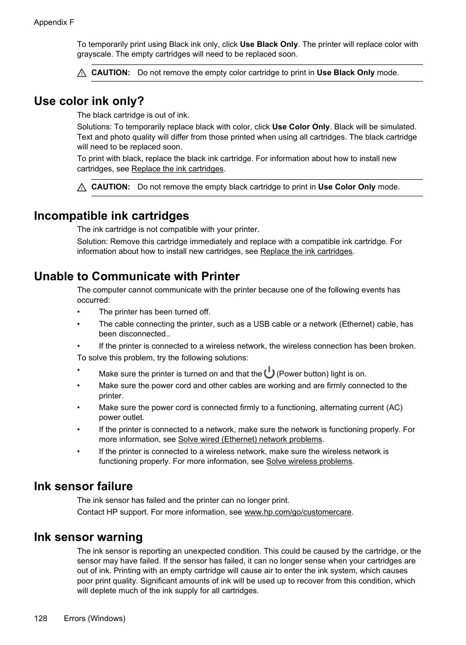 Use color ink only, Incompatible ink cartridges, Unable to communicate with printer | Ink sensor failure, Ink sensor warning | HP Officejet 6100 User Manual | Page 132 / 138