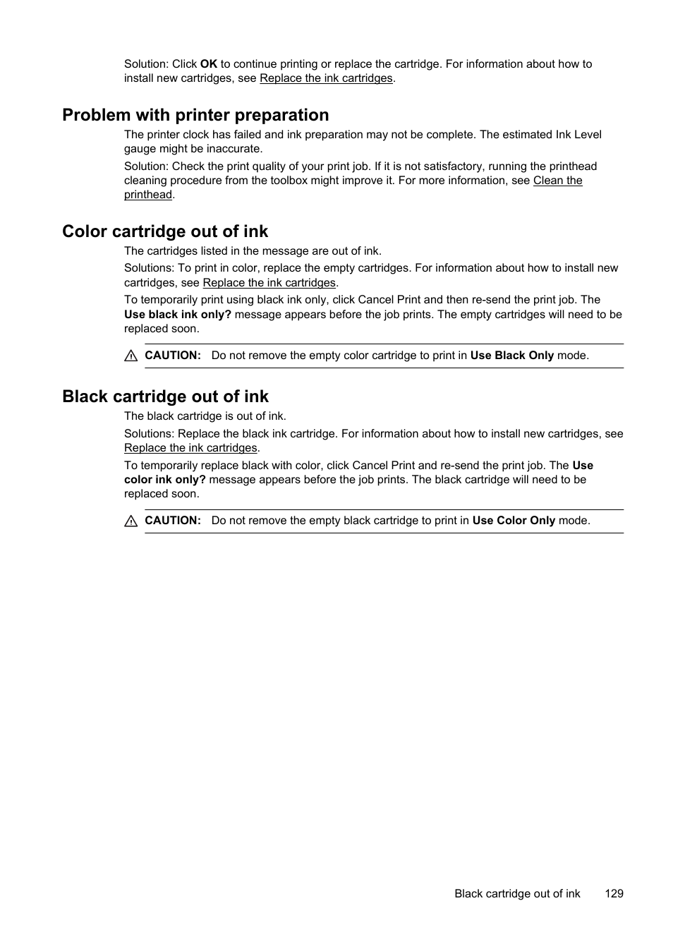 Problem with printer preparation, Color cartridge out of ink, Black cartridge out of ink | HP Officejet 6100 User Manual | Page 133 / 138