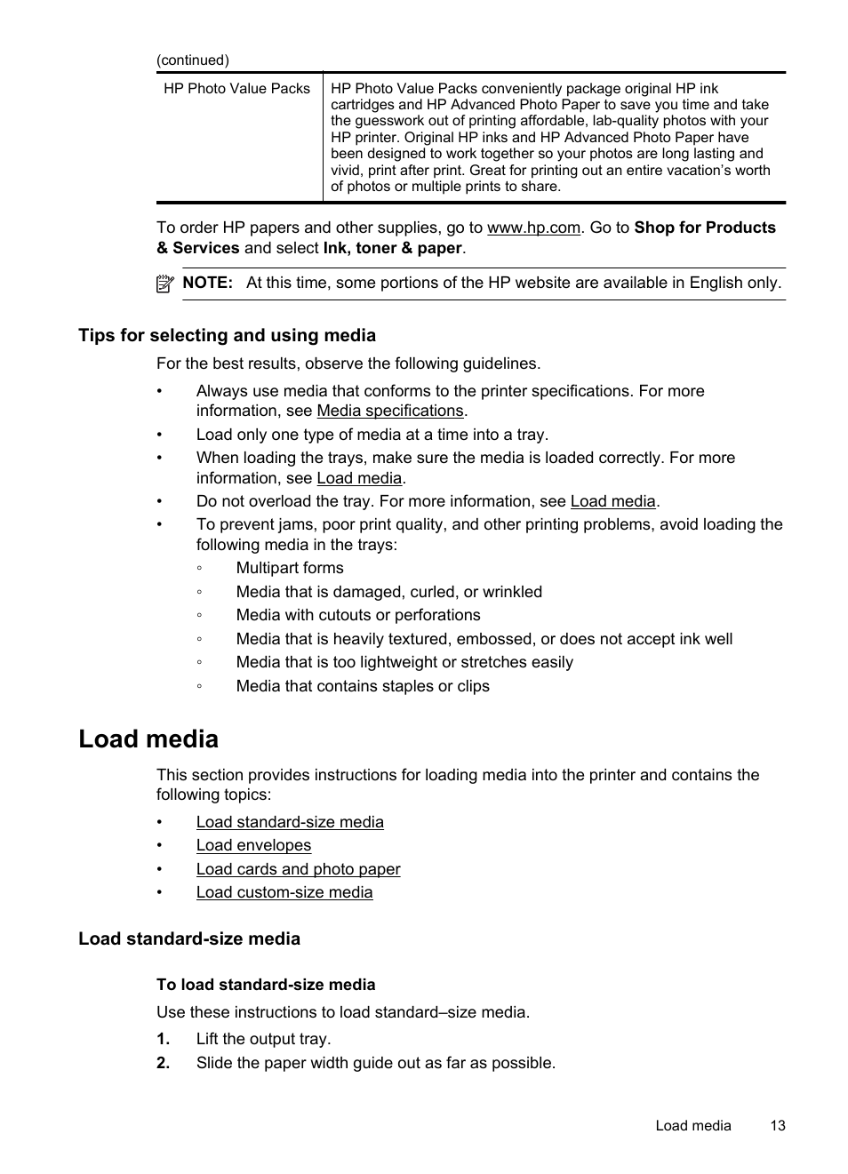 Tips for selecting and using media, Load media, Load standard-size media | Oad envelopes, Oad cards and photo paper, Oad custom-size media | HP Officejet 6100 User Manual | Page 17 / 138