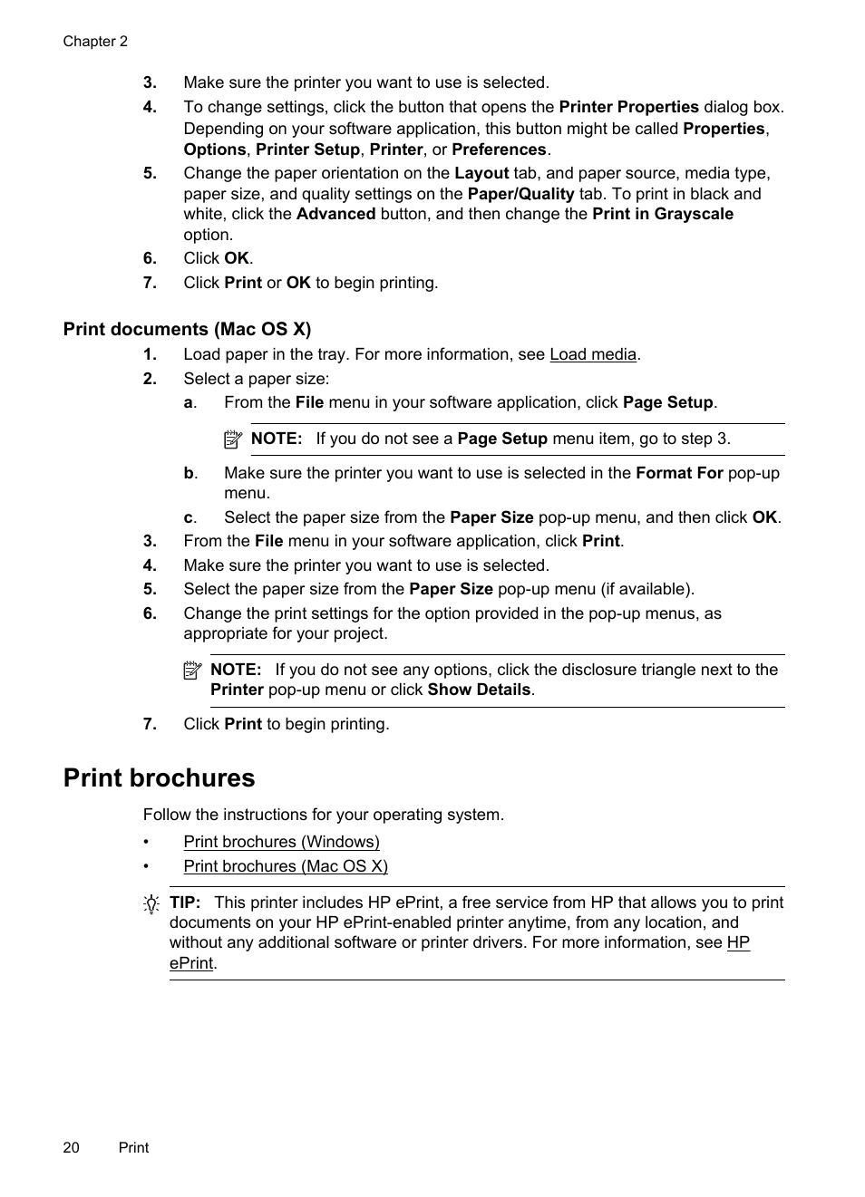 Print documents (mac os x), Print brochures | HP Officejet 6100 User Manual | Page 24 / 138