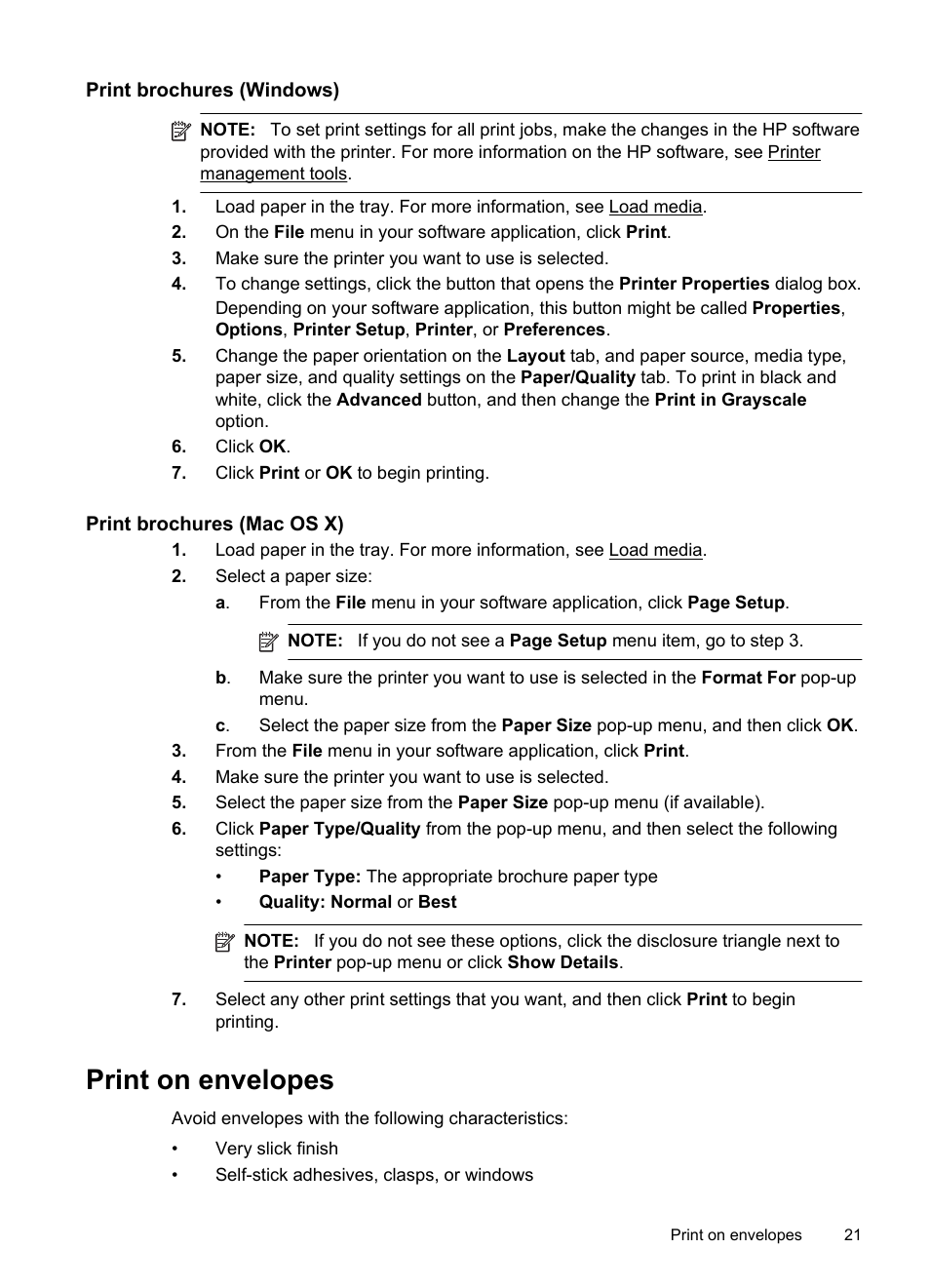 Print brochures (windows), Print brochures (mac os x), Print on envelopes | HP Officejet 6100 User Manual | Page 25 / 138