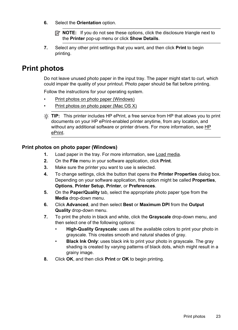 Print photos, Print photos on photo paper (windows) | HP Officejet 6100 User Manual | Page 27 / 138