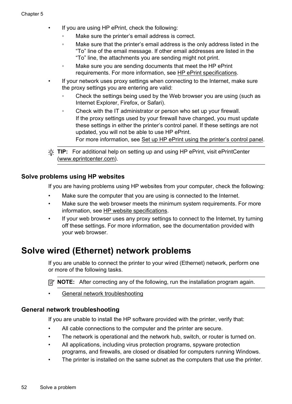 Solve problems using hp websites, Solve wired (ethernet) network problems, General network troubleshooting | HP Officejet 6100 User Manual | Page 56 / 138