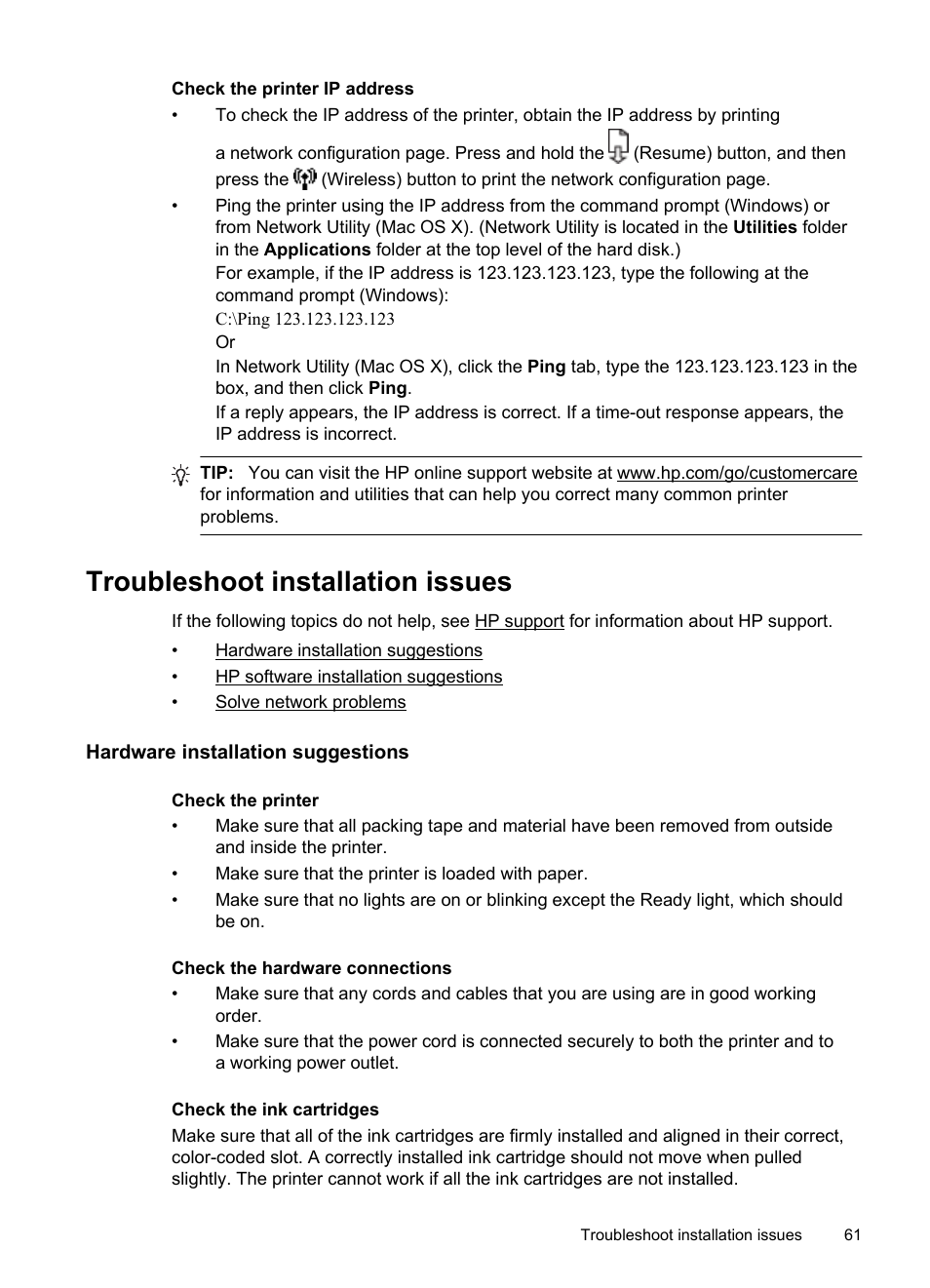 Troubleshoot installation issues, Hardware installation suggestions | HP Officejet 6100 User Manual | Page 65 / 138