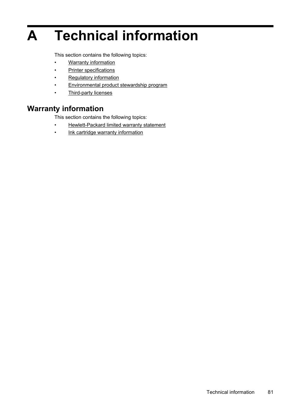 Technical information, Warranty information, Hewlett-packard limited warranty statement | Nk cartridge warranty information, Atechnical information | HP Officejet 6100 User Manual | Page 85 / 138