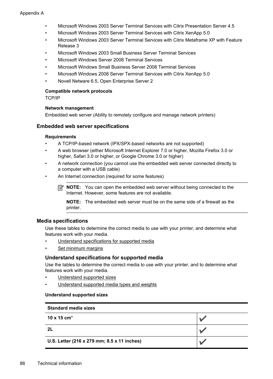 Embedded web server specifications, Media specifications, Understand specifications for supported media | HP Officejet 6100 User Manual | Page 90 / 138