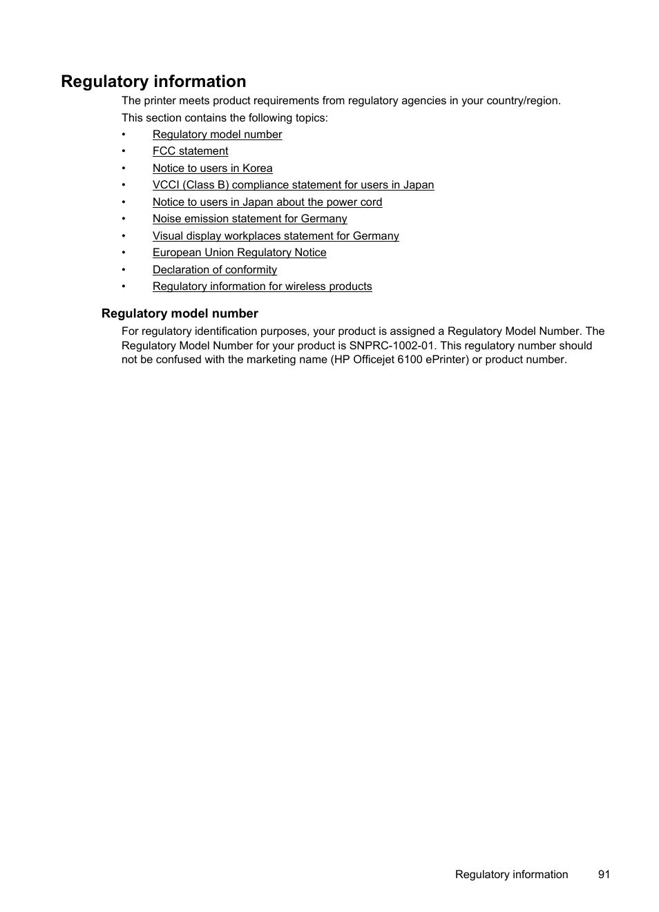 Regulatory information, Regulatory model number | HP Officejet 6100 User Manual | Page 95 / 138