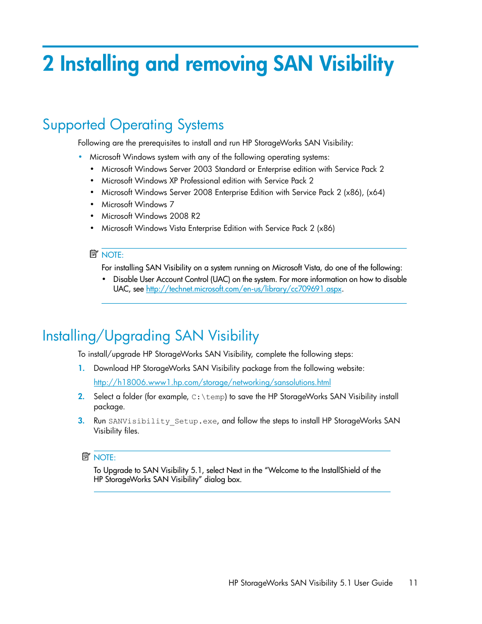 2 installing and removing san visibility, Supported operating systems, Installing/upgrading san visibility | 11 installing/upgrading san visibility | HP SAN User Manual | Page 11 / 64