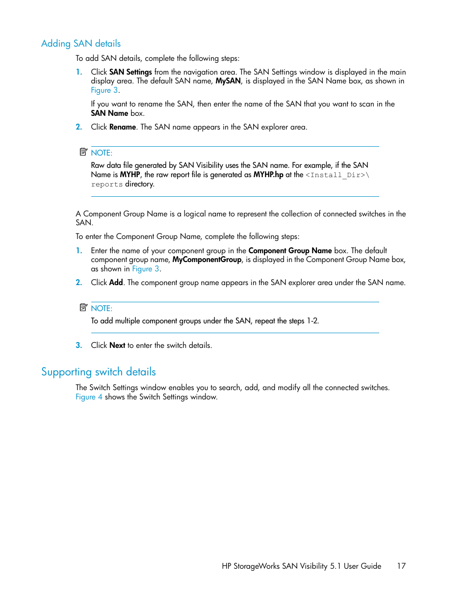 Adding san details, Supporting switch details, Specifying switch details | HP SAN User Manual | Page 17 / 64