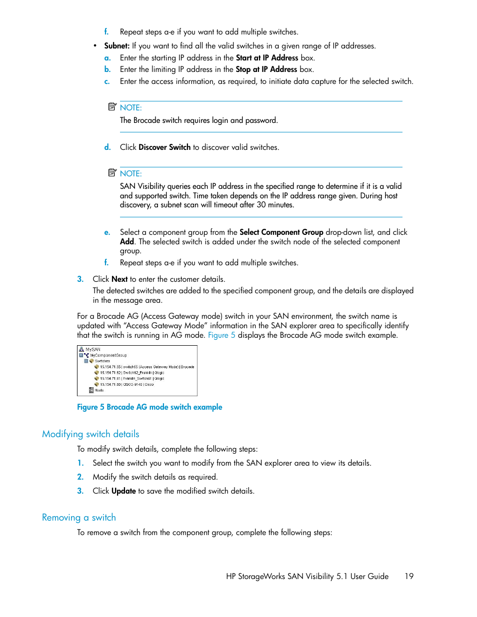 Modifying switch details, Removing a switch, 19 removing a switch | Brocade ag mode switch example | HP SAN User Manual | Page 19 / 64