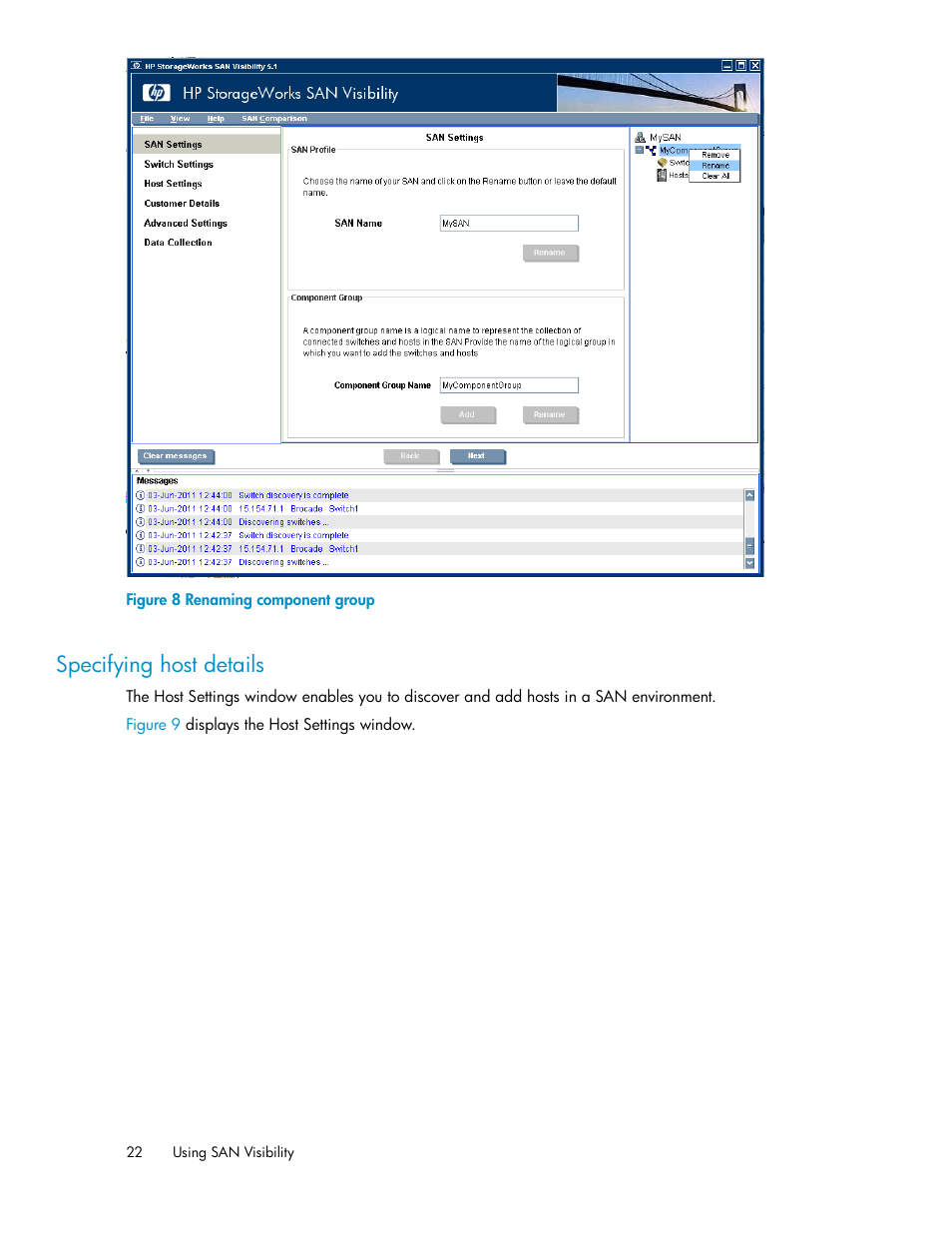 Specifying host details, Renaming component group | HP SAN User Manual | Page 22 / 64