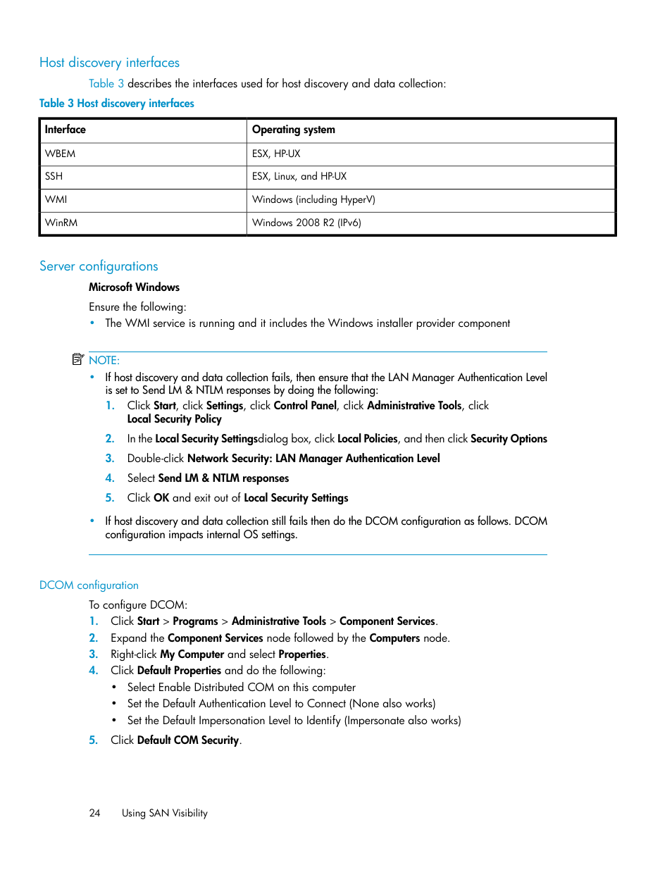 Host discovery interfaces, Server configurations, 24 server configurations | HP SAN User Manual | Page 24 / 64