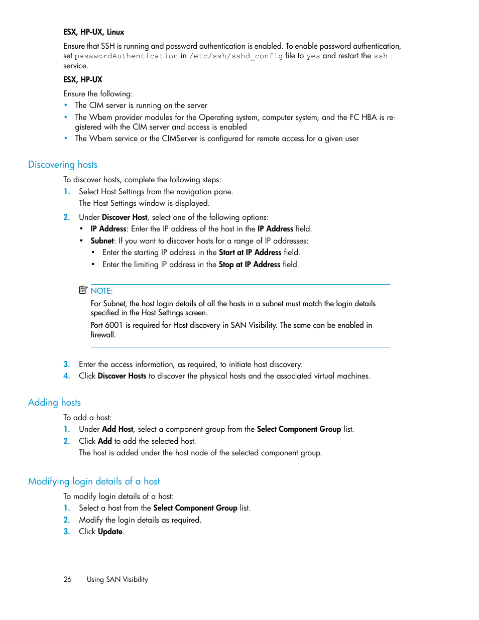 Discovering hosts, Adding hosts, Modifying login details of a host | 26 adding hosts, 26 modifying login details of a host | HP SAN User Manual | Page 26 / 64