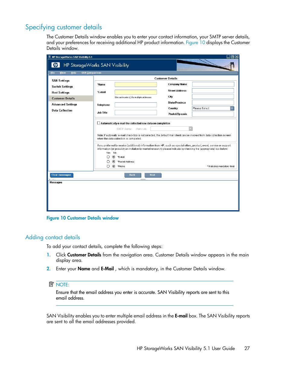 Specifying customer details, Adding contact details, Customer details window | HP SAN User Manual | Page 27 / 64