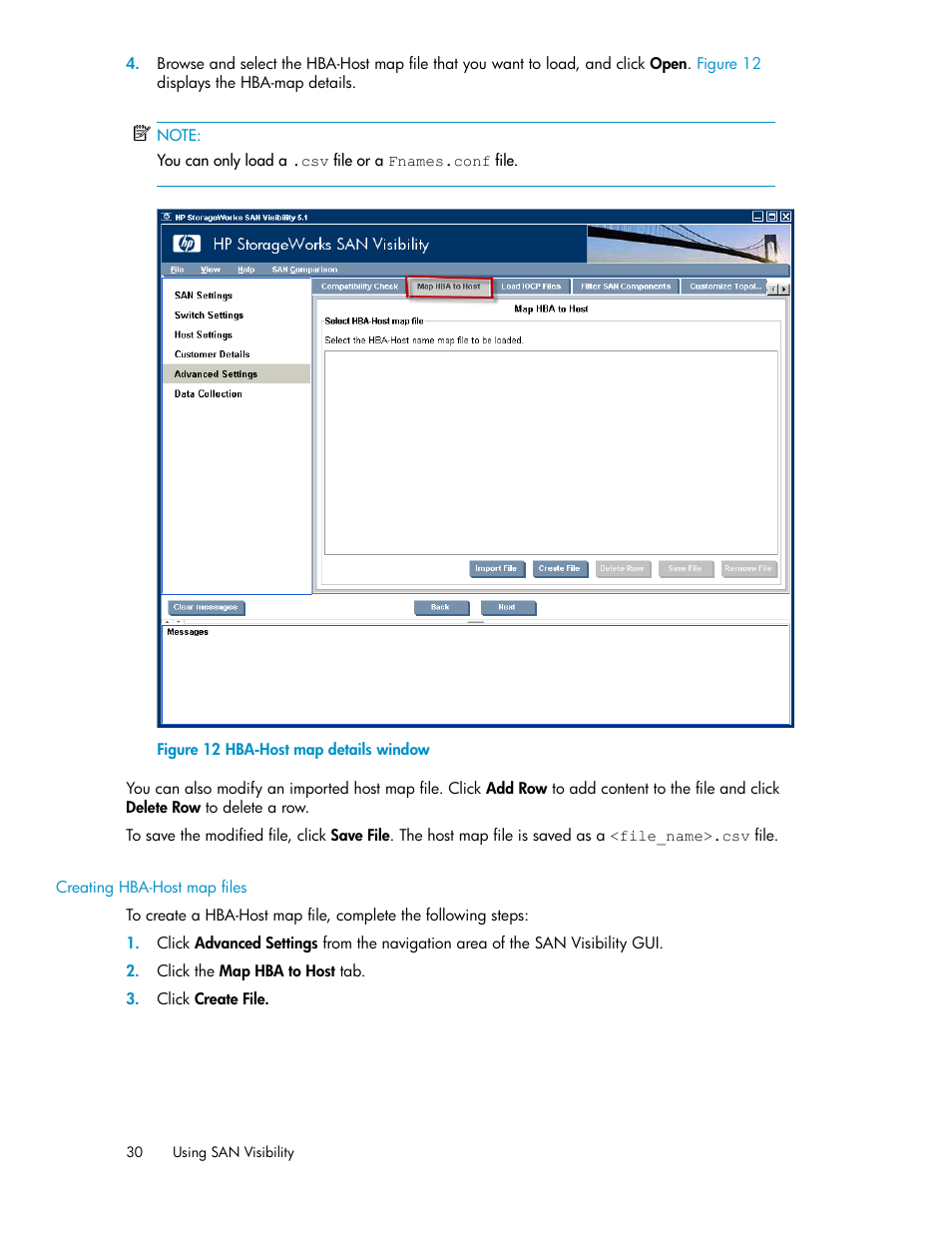 Creating hba-host map files, Hba-host map details window | HP SAN User Manual | Page 30 / 64