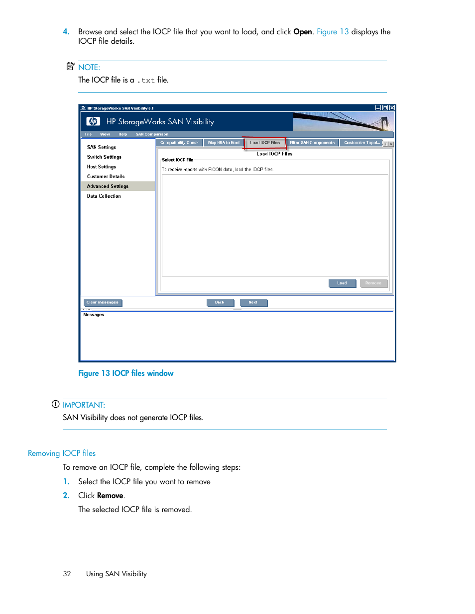 Removing iocp files, Iocp files window | HP SAN User Manual | Page 32 / 64