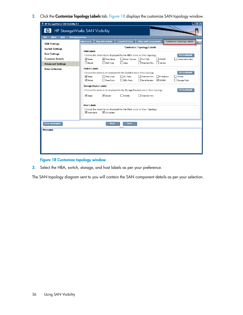 Customize topology window | HP SAN User Manual | Page 36 / 64
