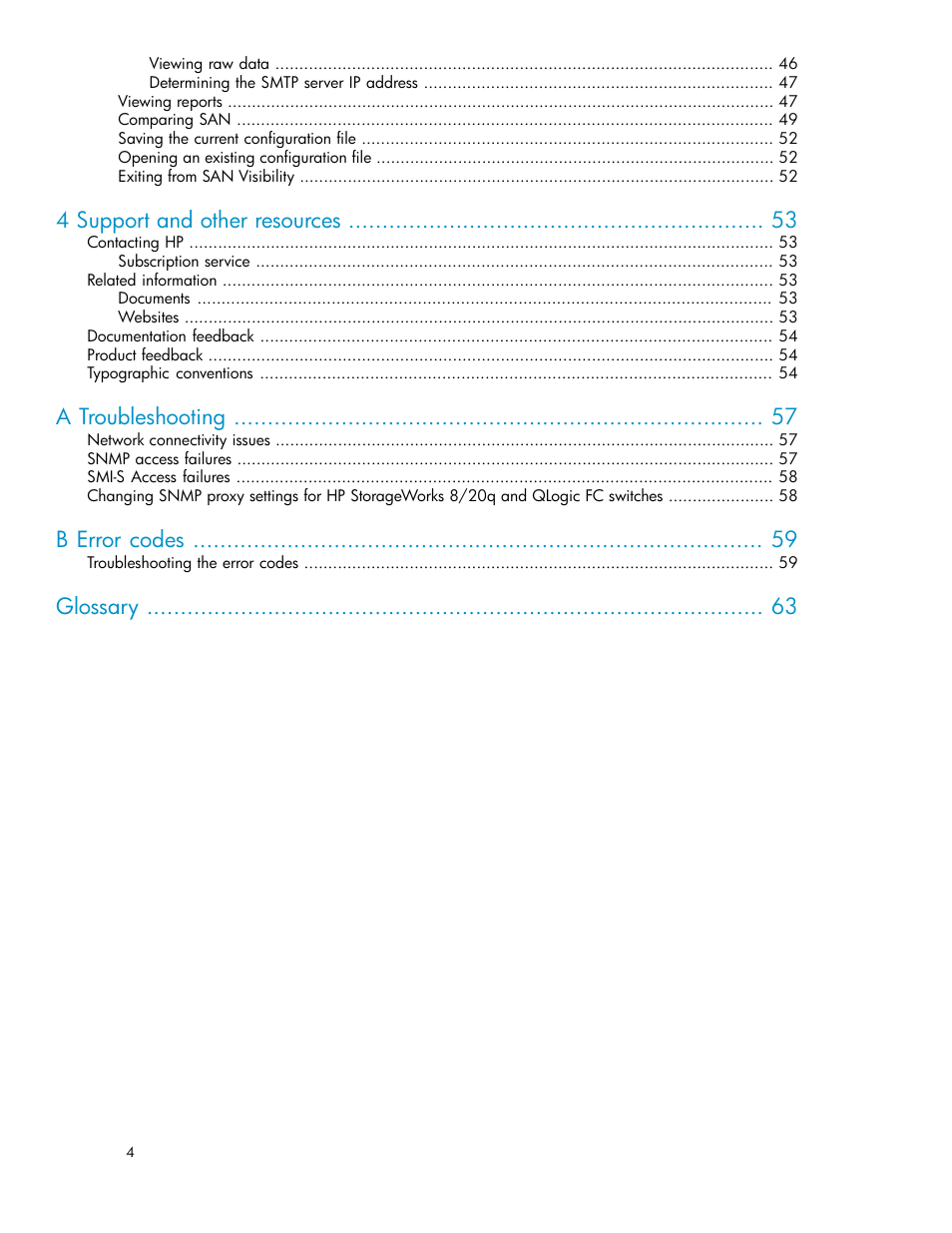 4 support and other resources, A troubleshooting, B error codes | Glossary | HP SAN User Manual | Page 4 / 64