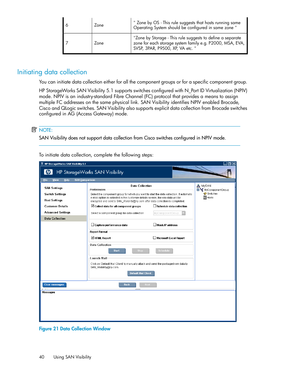 Initiating data collection, Data collection window | HP SAN User Manual | Page 40 / 64