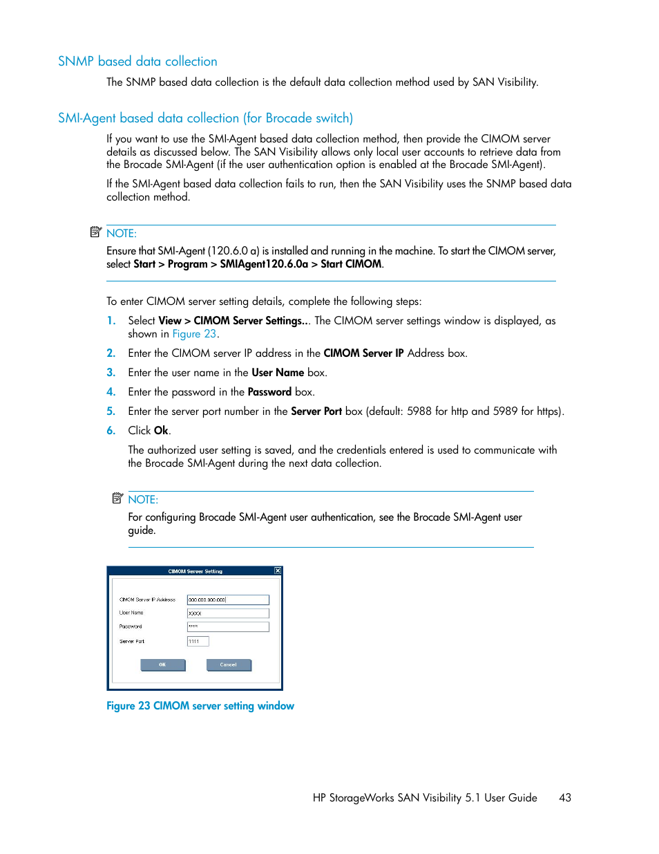 Snmp based data collection, Cimom server setting window | HP SAN User Manual | Page 43 / 64