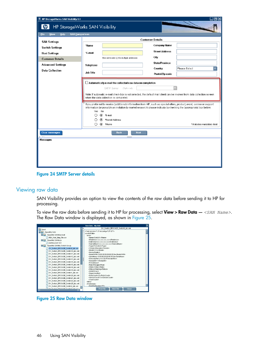 Viewing raw data, Smtp server details, Raw data window | Figure 25, Viewing, Raw data, Figure 24 | HP SAN User Manual | Page 46 / 64