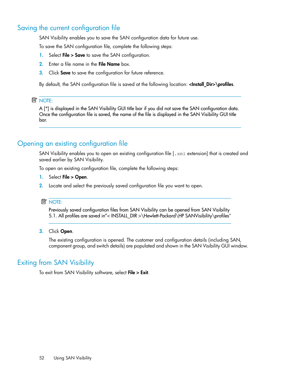 Saving the current configuration file, Opening an existing configuration file, Exiting from san visibility | 52 opening an existing configuration file, 52 exiting from san visibility | HP SAN User Manual | Page 52 / 64