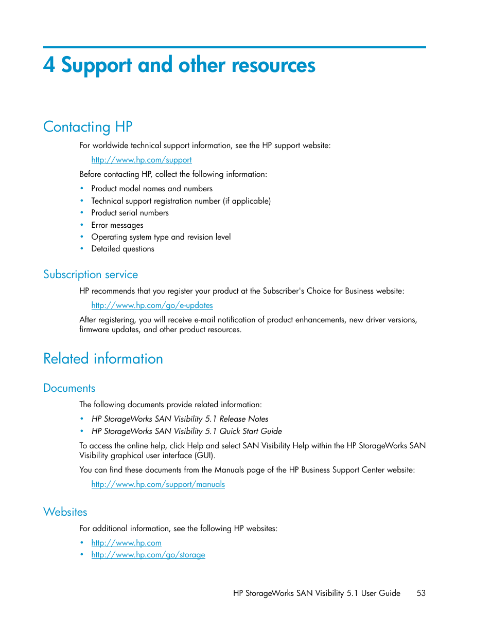 4 support and other resources, Contacting hp, Subscription service | Related information, Documents, Websites, 53 websites | HP SAN User Manual | Page 53 / 64