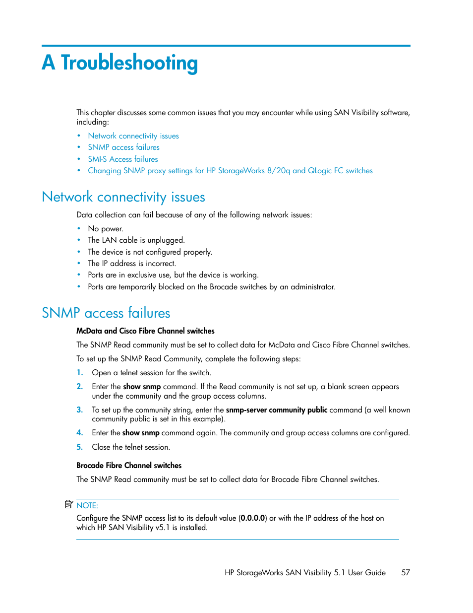 A troubleshooting, Network connectivity issues, Snmp access failures | 57 snmp access failures | HP SAN User Manual | Page 57 / 64