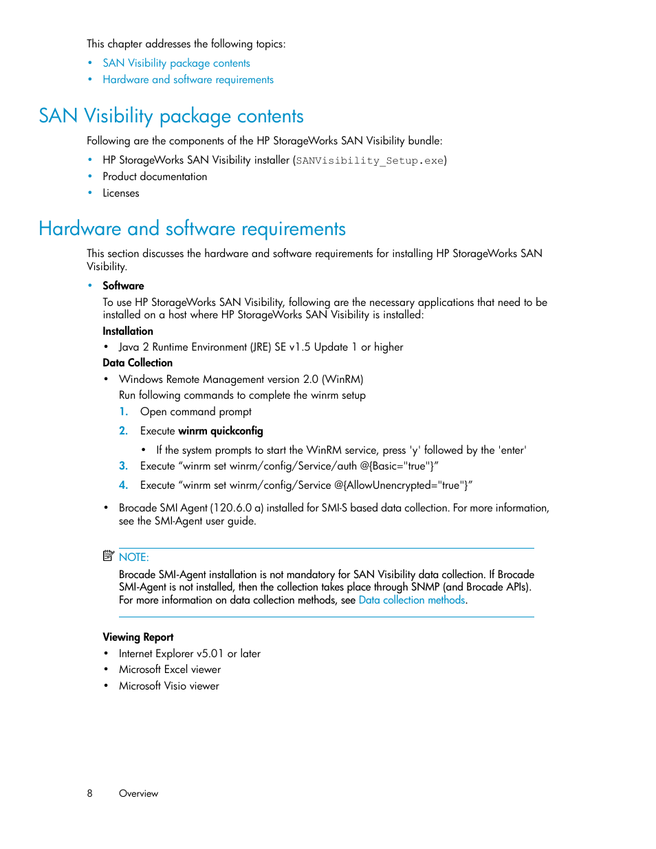 San visibility package contents, Hardware and software requirements, 8 hardware and software requirements | HP SAN User Manual | Page 8 / 64